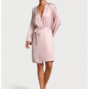 Victorias Secret Womens Silky Satin Robe Kimono One Size Pink Belted Bridesmaid